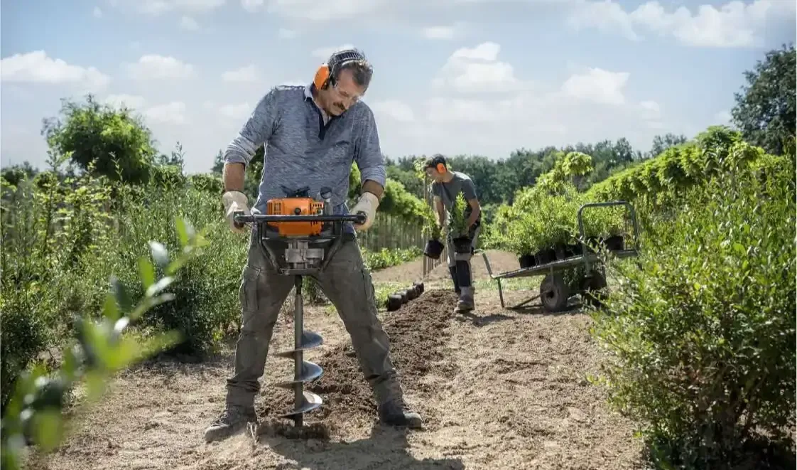 Gas earth auger, post hole digger working